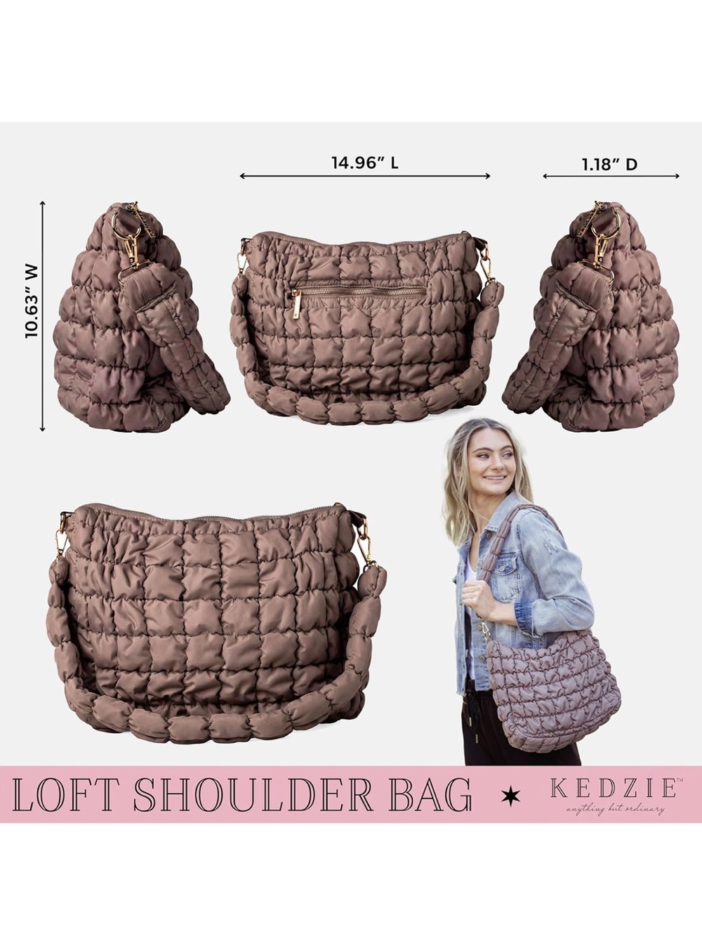 Quilted Padded Shoulder Bag in Mushroom - Picture 2 of 8